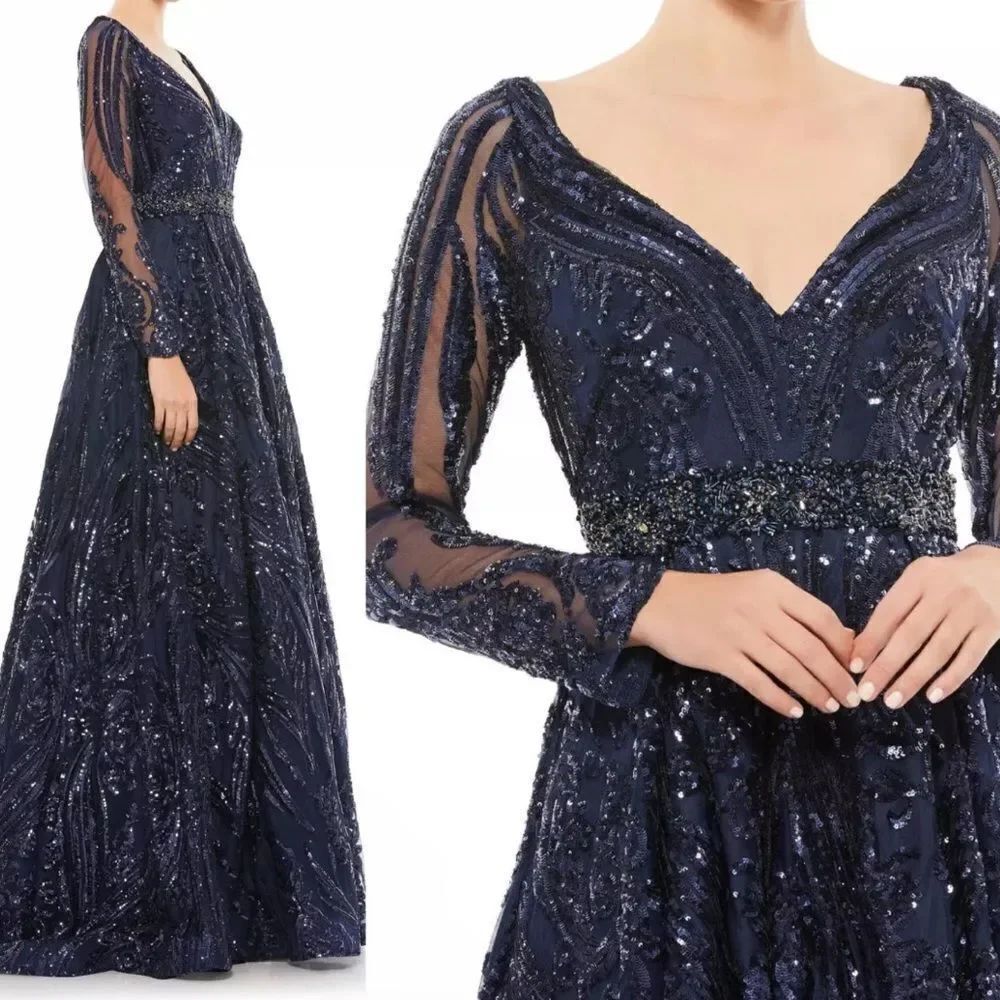 Mac Duggal 67113 Navy Sequin Long Sleeve Embellished Evening Gown 14 NWT $598